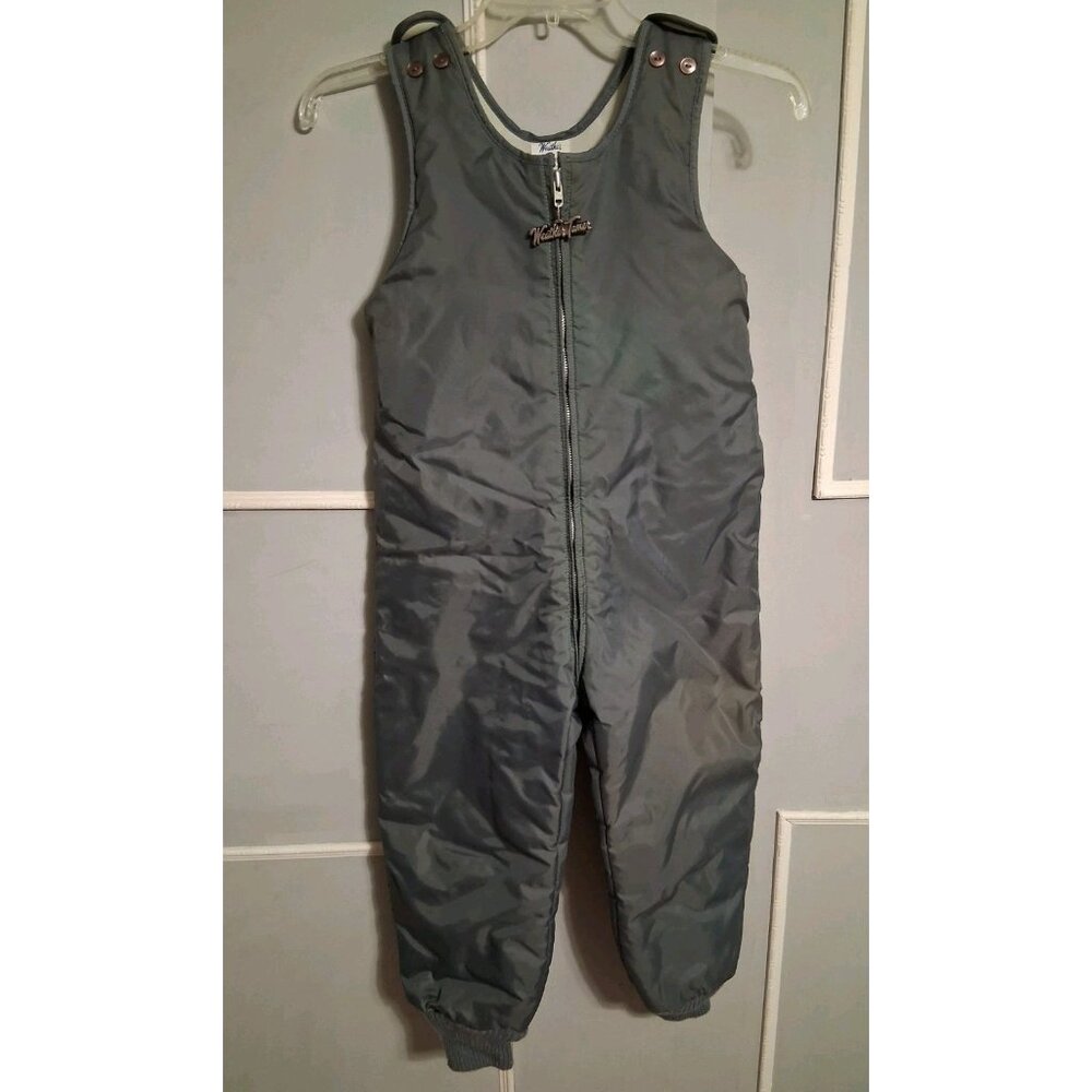 Vtg Weather Tamer Snow Pants Bibs Gray Nylon Kids Size 5T Zip Up & Buttons Ski